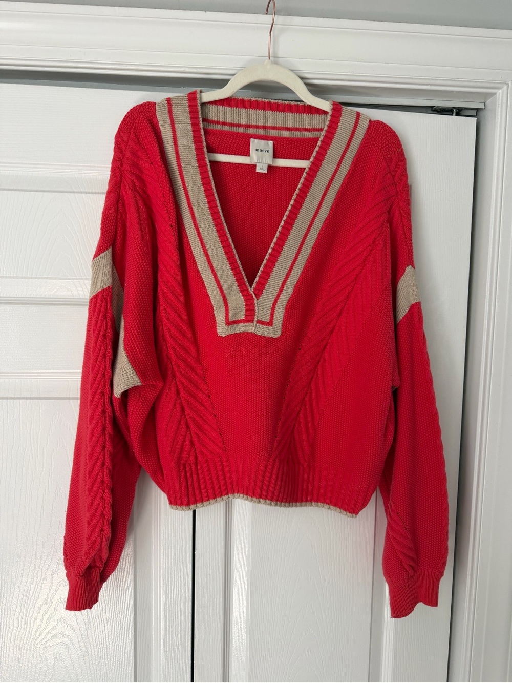 Anthropologie Red V-Neck Cable Knit Sweater with Cream Trim